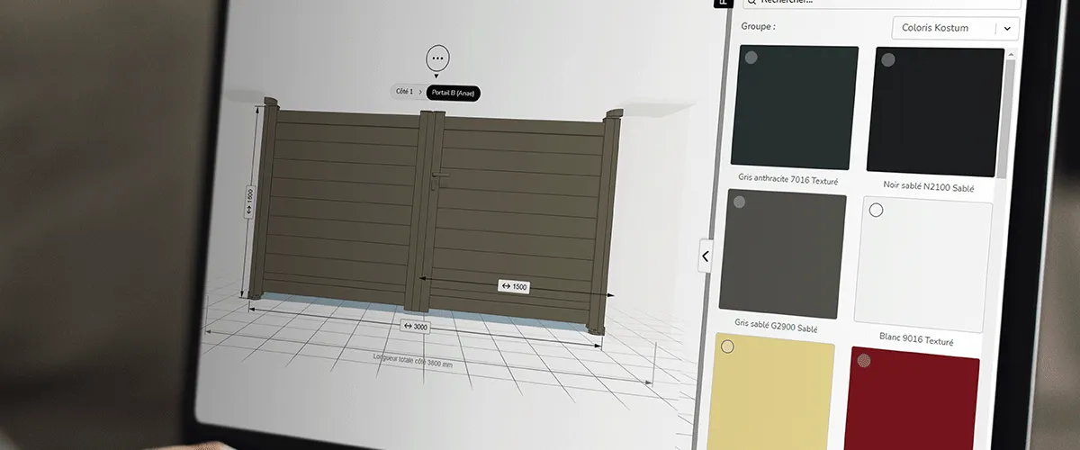 Configurateur en ligne de portail avec nuancier de couleurs sur une tablette