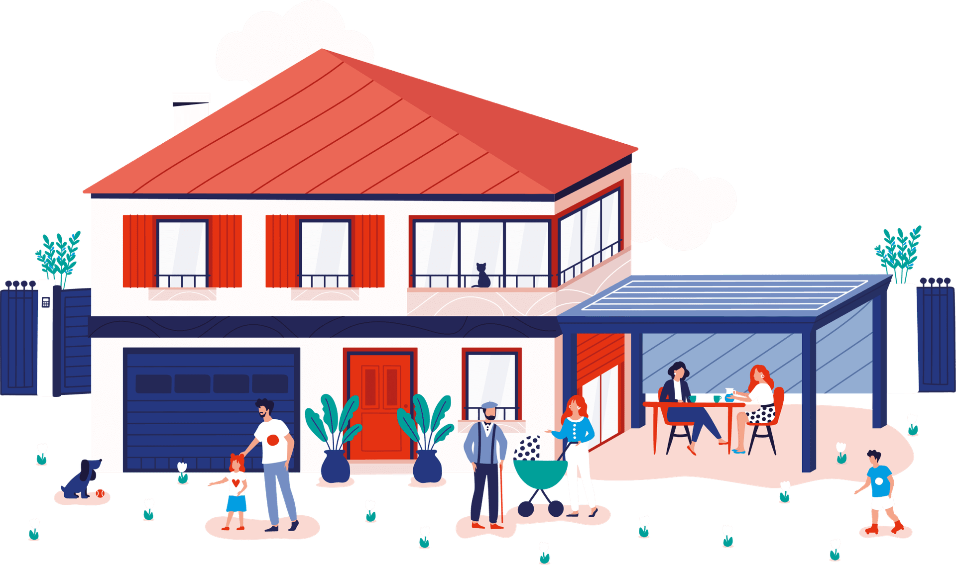 Illustration d'une maison avec pergola, volets et porte de garage, et sa famille sur la terrasse