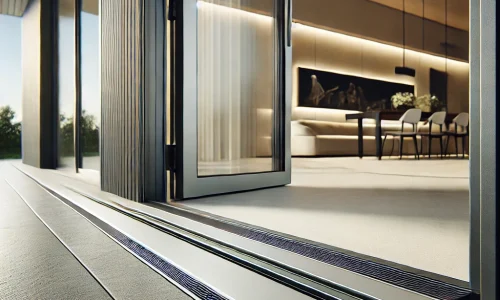 DALL·E 2024-10-29 11.47.59 - A detailed promotional image showcasing door thresholds for sliding patio doors by Finstral, with a sleek, accessible flat threshold design. The image DALL·E 2024-10-29 11.47.59 - A detailed promotional image showcasing door thresholds for sliding patio doors by Finstral, with a sleek, accessible flat threshold design. The image